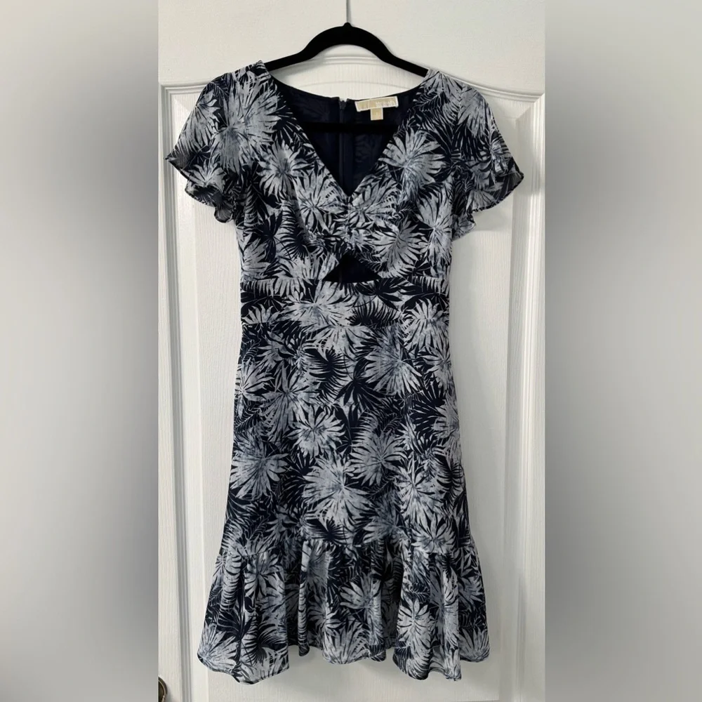 Michael Kors Women's Bali Palm Printed Georgette Cutout Dress Midnight Blue
